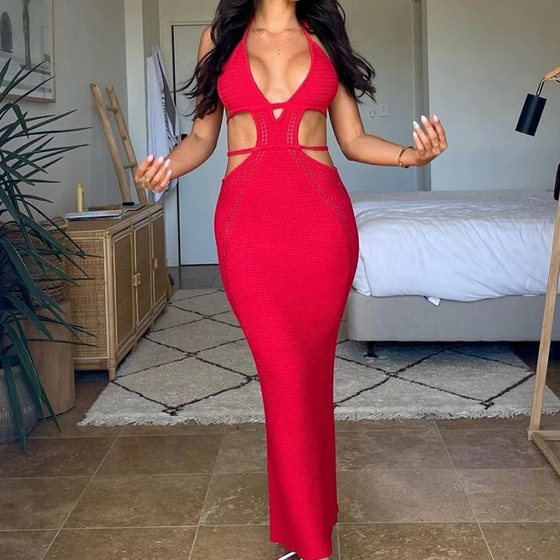 Sexy Style Hollow Out Backless Tie Up Dress Women Beach Vacation Beachwear Cover Up Knitting Sun Bathing Sunscreen Long Dress - TheGlamTrend14:10;5:361385RedLSexy Style Hollow Out Backless Tie Up Dress Women Beach Vacation Beachwear Cover Up Knitting Sun Bathing Sunscreen Long Dress