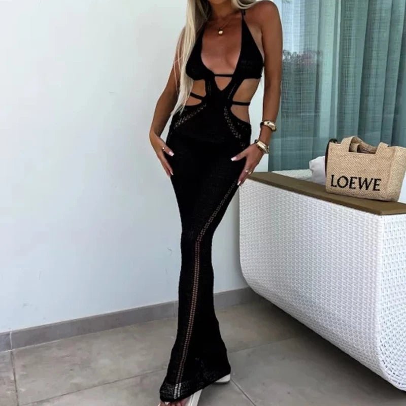 Sexy Style Hollow Out Backless Tie Up Dress Women Beach Vacation Beachwear Cover Up Knitting Sun Bathing Sunscreen Long Dress - TheGlamTrend14:193;5:361385blackLSexy Style Hollow Out Backless Tie Up Dress Women Beach Vacation Beachwear Cover Up Knitting Sun Bathing Sunscreen Long Dress