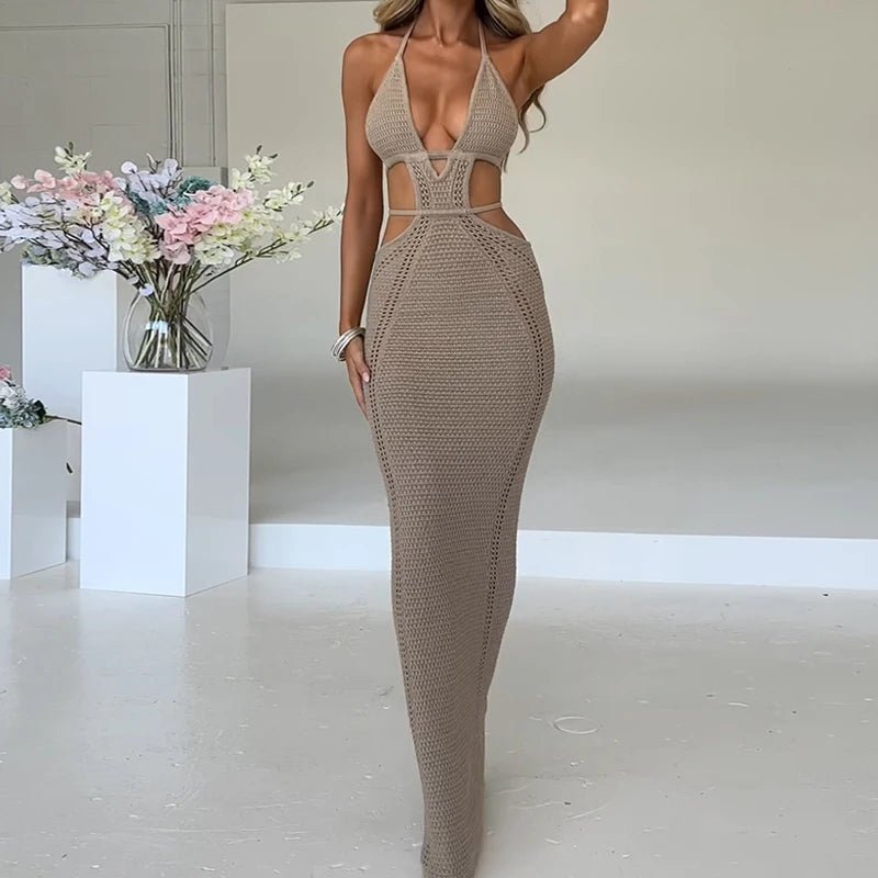 Sexy Style Hollow Out Backless Tie Up Dress Women Beach Vacation Beachwear Cover Up Knitting Sun Bathing Sunscreen Long Dress - TheGlamTrend14:200001438;5:100014064KhakiSSexy Style Hollow Out Backless Tie Up Dress Women Beach Vacation Beachwear Cover Up Knitting Sun Bathing Sunscreen Long Dress