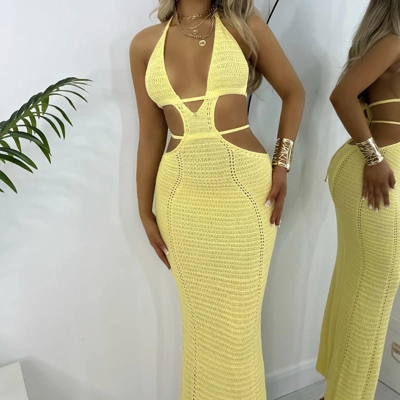 Sexy Style Hollow Out Backless Tie Up Dress Women Beach Vacation Beachwear Cover Up Knitting Sun Bathing Sunscreen Long Dress - TheGlamTrend14:200006252;5:361385Light YellowLSexy Style Hollow Out Backless Tie Up Dress Women Beach Vacation Beachwear Cover Up Knitting Sun Bathing Sunscreen Long Dress