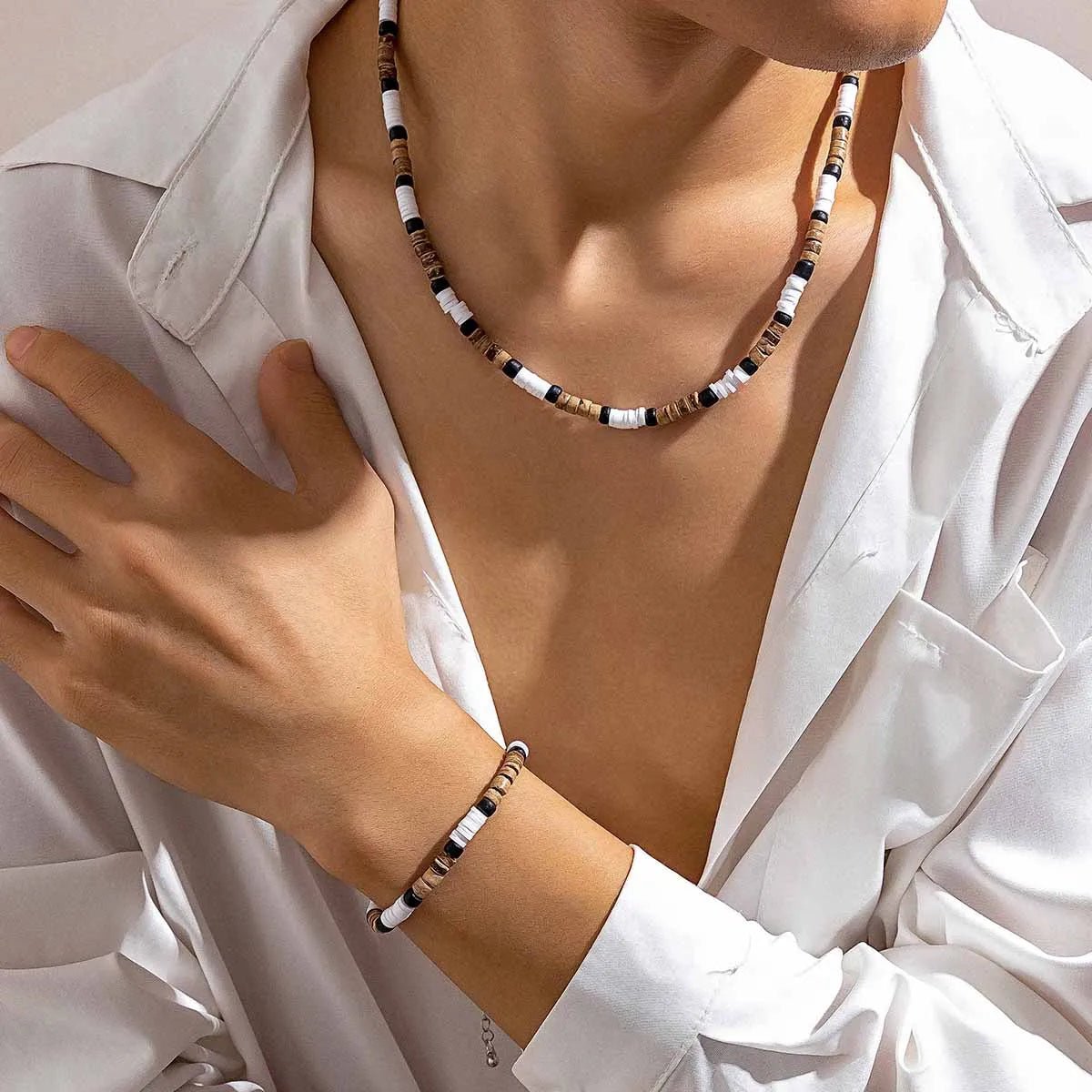 Small Wood and Polymer Clay Beads Chains Necklace and Bracelect Sets for Men Trendy Beaded Accessories on Hand/Neck 2023 Fashion - TheGlamTrend200001033:361180MultiMultiSmall Wood and Polymer Clay Beads Chains Necklace and Bracelect Sets for Men Trendy Beaded Accessories on Hand/Neck 2023 Fashion
