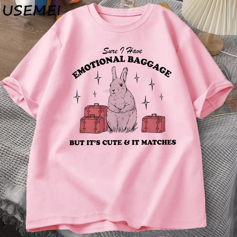 Sure I Have Emotional Baggage Funny Mental Health T Shirts Women Men Vintage Rabbit Tee Shirt Summer Short Sleeve Graphic Tees - TheGlamTrend14:1052t shirt pink;5:361385t shirt pinkLSure I Have Emotional Baggage Funny Mental Health T Shirts Women Men Vintage Rabbit Tee Shirt Summer Short Sleeve Graphic Tees