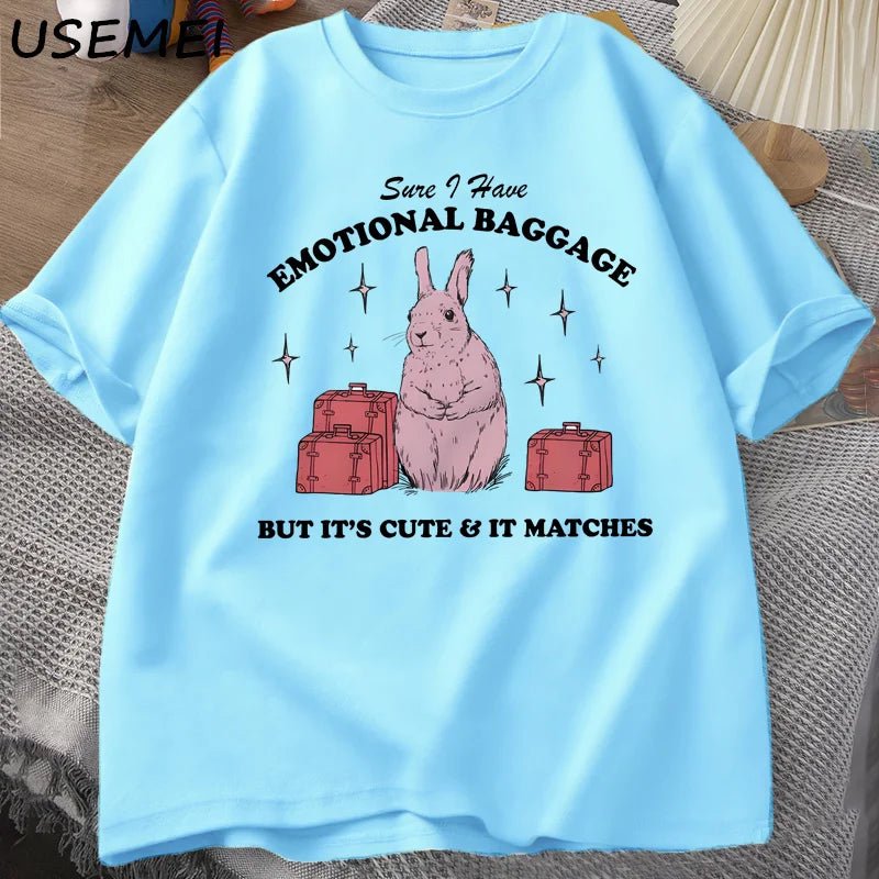 Sure I Have Emotional Baggage Funny Mental Health T Shirts Women Men Vintage Rabbit Tee Shirt Summer Short Sleeve Graphic Tees - TheGlamTrend14:1254t shirt blue;5:361385t shirt blueLSure I Have Emotional Baggage Funny Mental Health T Shirts Women Men Vintage Rabbit Tee Shirt Summer Short Sleeve Graphic Tees