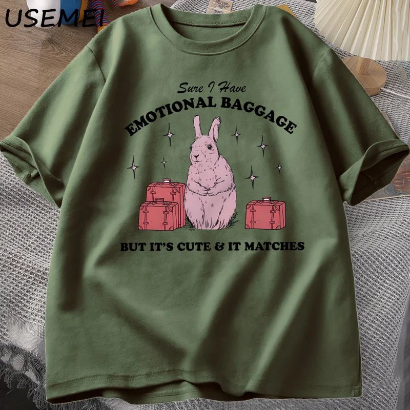 Sure I Have Emotional Baggage Funny Mental Health T Shirts Women Men Vintage Rabbit Tee Shirt Summer Short Sleeve Graphic Tees - TheGlamTrend14:175t shirt green;5:4182t shirt greenXXLSure I Have Emotional Baggage Funny Mental Health T Shirts Women Men Vintage Rabbit Tee Shirt Summer Short Sleeve Graphic Tees