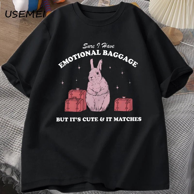Sure I Have Emotional Baggage Funny Mental Health T Shirts Women Men Vintage Rabbit Tee Shirt Summer Short Sleeve Graphic Tees - TheGlamTrend14:193t shirts black;5:100014064t shirts blackSSure I Have Emotional Baggage Funny Mental Health T Shirts Women Men Vintage Rabbit Tee Shirt Summer Short Sleeve Graphic Tees