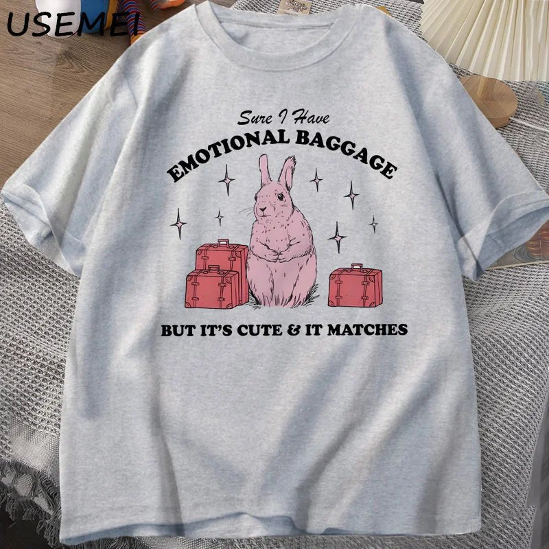 Sure I Have Emotional Baggage Funny Mental Health T Shirts Women Men Vintage Rabbit Tee Shirt Summer Short Sleeve Graphic Tees - TheGlamTrend14:691t shirts grey;5:4182t shirts greyXXLSure I Have Emotional Baggage Funny Mental Health T Shirts Women Men Vintage Rabbit Tee Shirt Summer Short Sleeve Graphic Tees