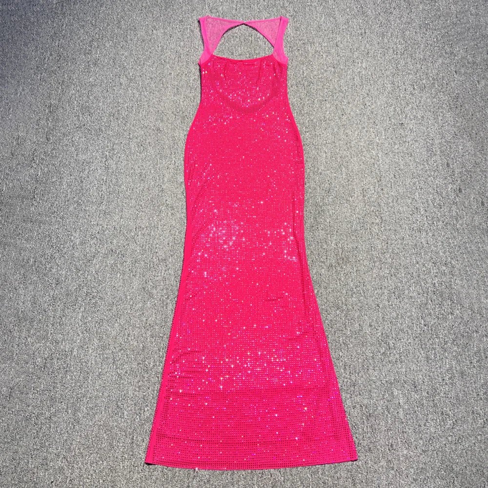 VC Multi Colours Shiny Rhinestones Mesh Patchwork Long Dress For Women Backless Slim Bodycon Evening Party Cocktail Gowns - TheGlamTrend14:203008817;200007763:201336100;5:361385FuchsiaLCHINAVC Multi Colours Shiny Rhinestones Mesh Patchwork Long Dress For Women Backless Slim Bodycon Evening Party Cocktail Gowns