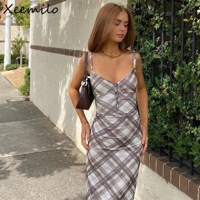 WhereMery Vintage Plaid Print V - neck Maxi Dress Sexy Backless Spaghetti Straps Sundresses Autumn Club Party Women Slim Vestidos - TheGlamTrend14:200002987;5:100014064Light BrownSWhereMery Vintage Plaid Print V - neck Maxi Dress Sexy Backless Spaghetti Straps Sundresses Autumn Club Party Women Slim Vestidos