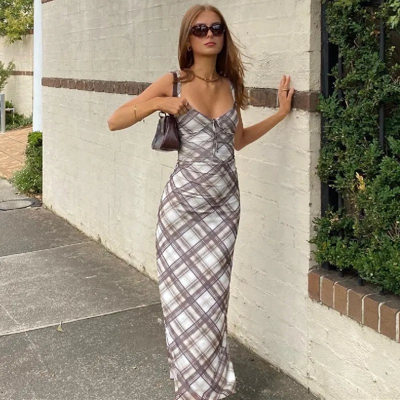 WhereMery Vintage Plaid Print V - neck Maxi Dress Sexy Backless Spaghetti Straps Sundresses Autumn Club Party Women Slim Vestidos - TheGlamTrend14:200002987;5:100014064Light BrownSWhereMery Vintage Plaid Print V - neck Maxi Dress Sexy Backless Spaghetti Straps Sundresses Autumn Club Party Women Slim Vestidos