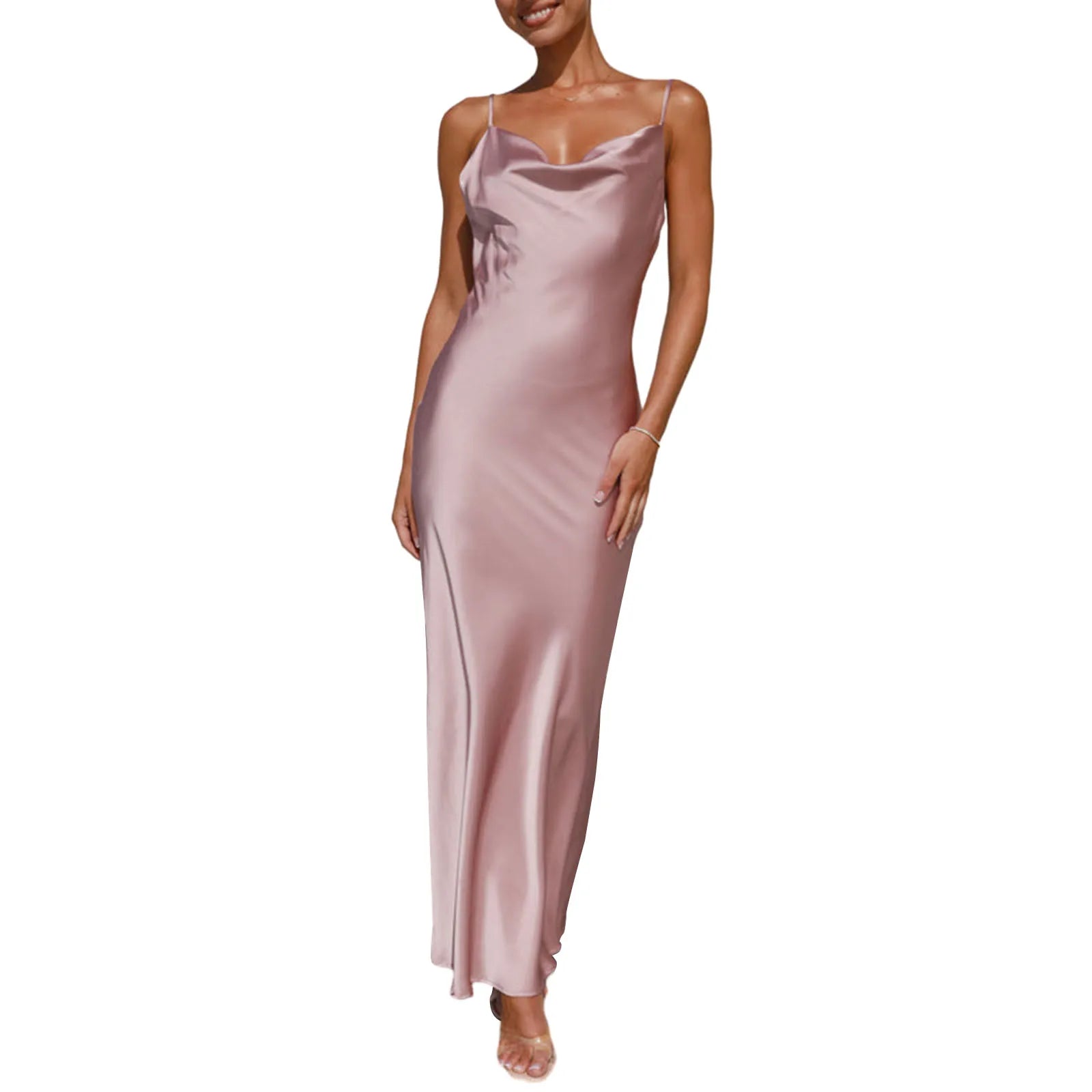 Women Bodycon Long Dress Spaghetti Strap Cowl Neck Sleeveless Dress Summer Backless Cami Dress - TheGlamTrend14:1052;5:100014065PinkXLWomen Bodycon Long Dress Spaghetti Strap Cowl Neck Sleeveless Dress Summer Backless Cami Dress