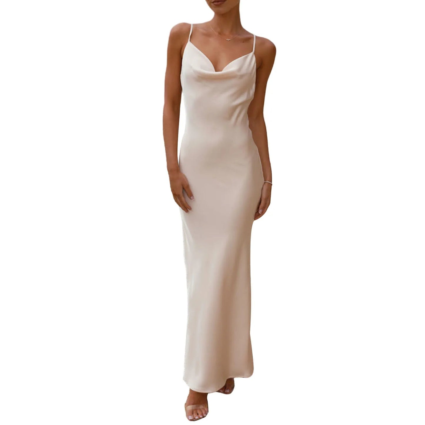 Women Bodycon Long Dress Spaghetti Strap Cowl Neck Sleeveless Dress Summer Backless Cami Dress - TheGlamTrend14:29;5:100014064WHITESWomen Bodycon Long Dress Spaghetti Strap Cowl Neck Sleeveless Dress Summer Backless Cami Dress