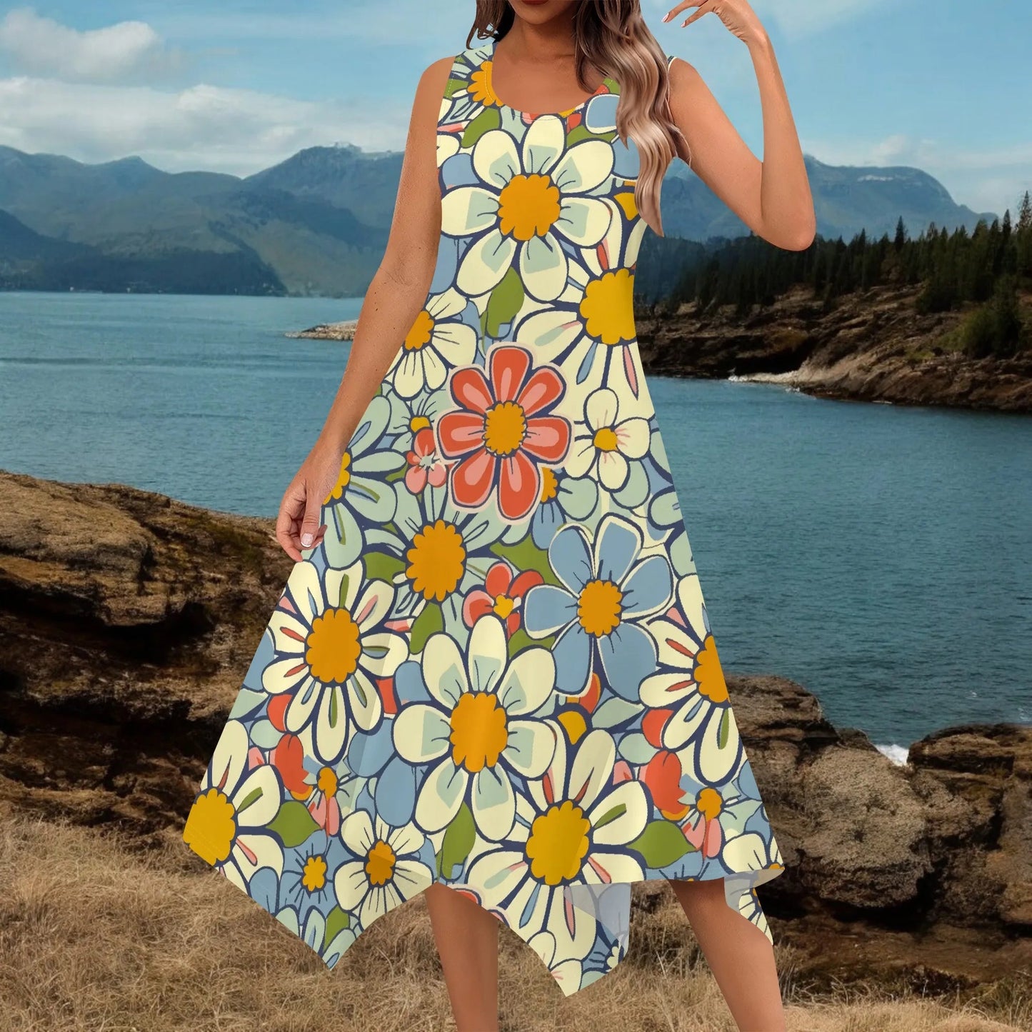 Women Casual Loose Soft Dresses Crewneck Short Sleeve 60's Retro Flower Pattern Dress Hankerchief Hem Midi Beach Dress - TheGlamTrend14:200002984White;200007763:201336100;5:4182WhiteXXLCHINAWomen Casual Loose Soft Dresses Crewneck Short Sleeve 60's Retro Flower Pattern Dress Hankerchief Hem Midi Beach Dress