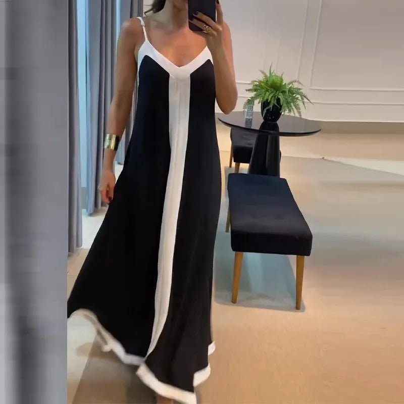 Women Casual V Neck Long Dress Summer Chic Stitching Color Loose Hem Dresses Elegant Backless Sleeveless Sling Maxi Dresses - TheGlamTrend14:193;5:4182blackXXLWomen Casual V Neck Long Dress Summer Chic Stitching Color Loose Hem Dresses Elegant Backless Sleeveless Sling Maxi Dresses