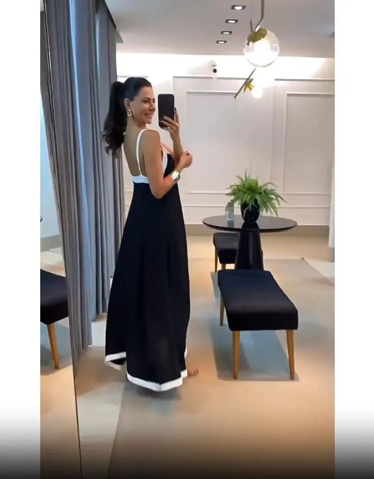 Women Casual V Neck Long Dress Summer Chic Stitching Color Loose Hem Dresses Elegant Backless Sleeveless Sling Maxi Dresses - TheGlamTrend14:193;5:4182blackXXLWomen Casual V Neck Long Dress Summer Chic Stitching Color Loose Hem Dresses Elegant Backless Sleeveless Sling Maxi Dresses