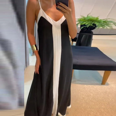 Women Casual V Neck Long Dress Summer Chic Stitching Color Loose Hem Dresses Elegant Backless Sleeveless Sling Maxi Dresses - TheGlamTrend14:193;5:4182blackXXLWomen Casual V Neck Long Dress Summer Chic Stitching Color Loose Hem Dresses Elegant Backless Sleeveless Sling Maxi Dresses