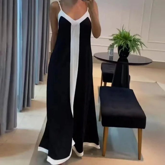 Women Casual V Neck Long Dress Summer Chic Stitching Color Loose Hem Dresses Elegant Backless Sleeveless Sling Maxi Dresses - TheGlamTrend14:193;5:4182blackXXLWomen Casual V Neck Long Dress Summer Chic Stitching Color Loose Hem Dresses Elegant Backless Sleeveless Sling Maxi Dresses