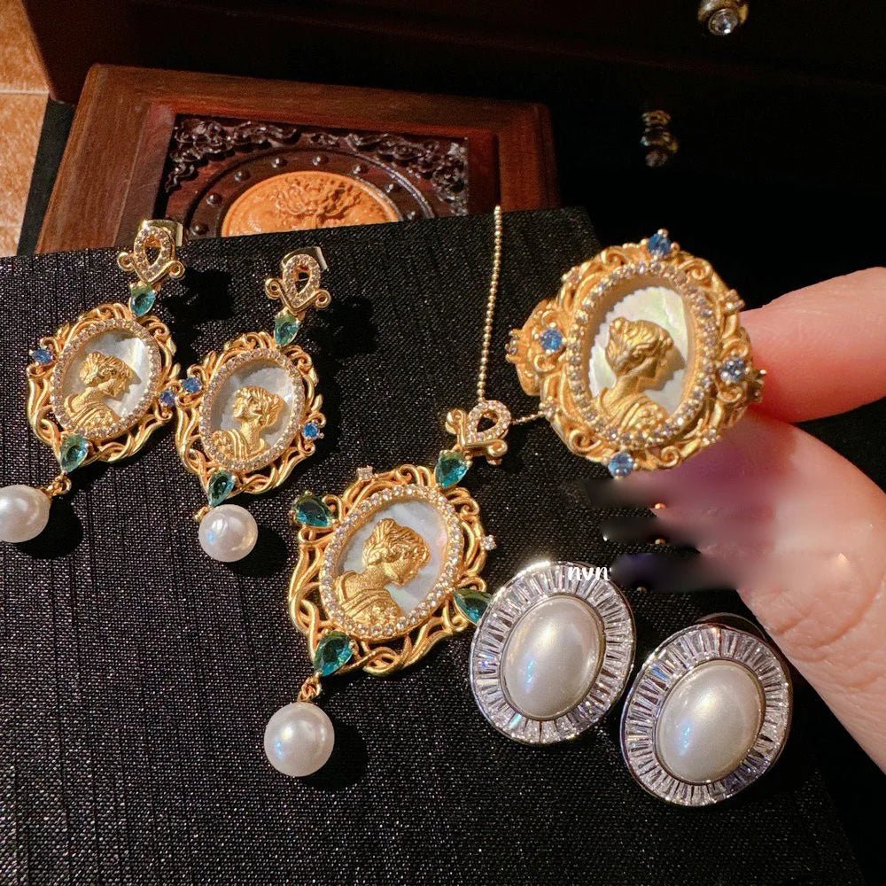 Women Gemstone Necklace Textured 18K Gold Zirconia Pearl Earrings - TheGlamTrend200000226:193RingRingWomen Gemstone Necklace Textured 18K Gold Zirconia Pearl Earrings