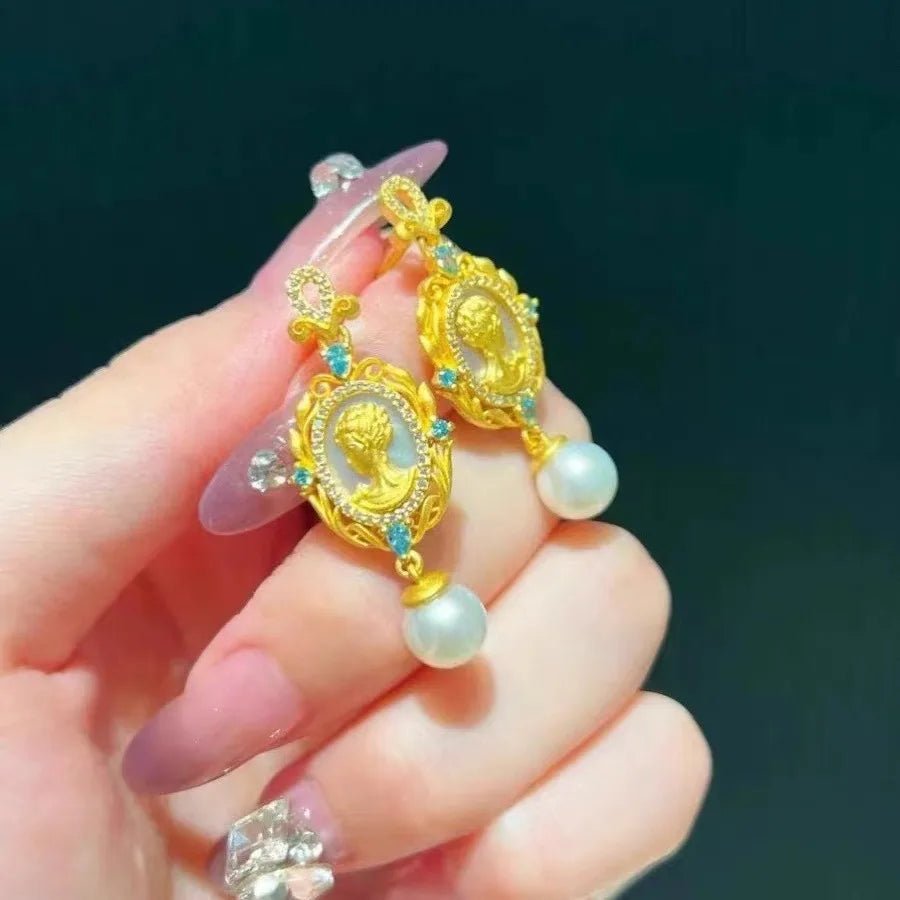 Women Gemstone Necklace Textured 18K Gold Zirconia Pearl Earrings - TheGlamTrend200000226:29earringsearrings 1Women Gemstone Necklace Textured 18K Gold Zirconia Pearl Earrings
