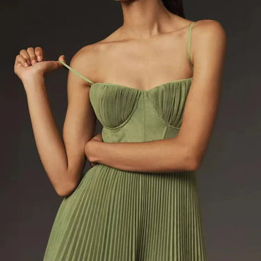 Women Sexy Backless Hight Waist Solid Long Dress Fashion Pleated Evening Party Dress Elegant Off Shoulder Sleeveless Sling Dress - TheGlamTrend14:77101 Green;5:10001406401 GreenSWomen Sexy Backless Hight Waist Solid Long Dress Fashion Pleated Evening Party Dress Elegant Off Shoulder Sleeveless Sling Dress