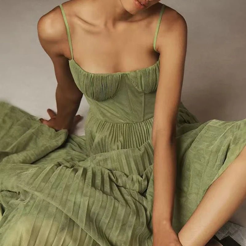 Women Sexy Backless Hight Waist Solid Long Dress Fashion Pleated Evening Party Dress Elegant Off Shoulder Sleeveless Sling Dress - TheGlamTrend14:77101 Green;5:10001406401 GreenSWomen Sexy Backless Hight Waist Solid Long Dress Fashion Pleated Evening Party Dress Elegant Off Shoulder Sleeveless Sling Dress
