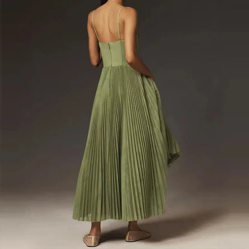 Women Sexy Backless Hight Waist Solid Long Dress Fashion Pleated Evening Party Dress Elegant Off Shoulder Sleeveless Sling Dress - TheGlamTrend14:77101 Green;5:10001406401 GreenSWomen Sexy Backless Hight Waist Solid Long Dress Fashion Pleated Evening Party Dress Elegant Off Shoulder Sleeveless Sling Dress