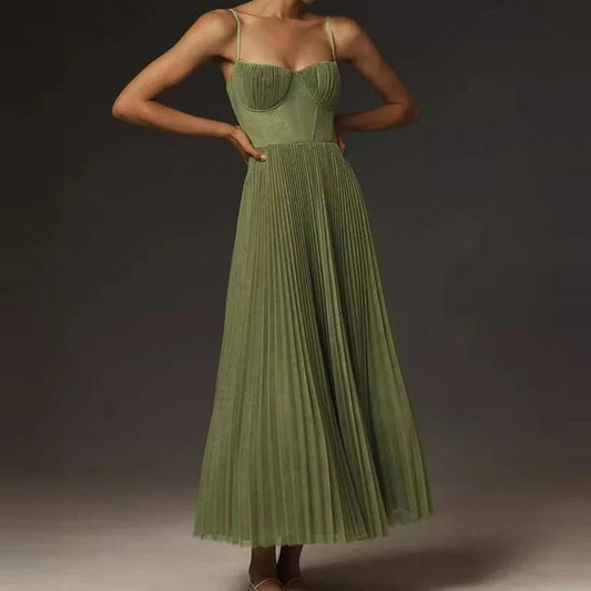 Women Sexy Backless Hight Waist Solid Long Dress Fashion Pleated Evening Party Dress Elegant Off Shoulder Sleeveless Sling Dress - TheGlamTrend14:77101 Green;5:10001406401 GreenSWomen Sexy Backless Hight Waist Solid Long Dress Fashion Pleated Evening Party Dress Elegant Off Shoulder Sleeveless Sling Dress