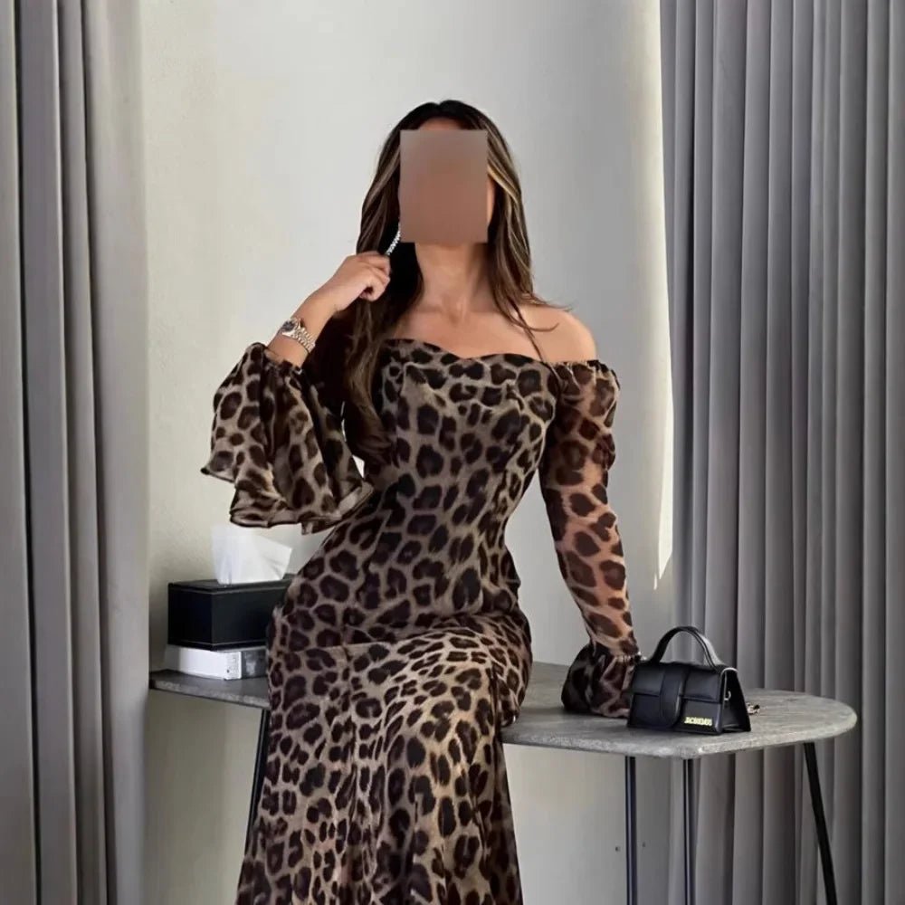 Women's New Autumn and Winter Fashion Leopard Print Sexy Off - the - shoulder One - line Neckline Long - sleeved Long Dress Vestidos - TheGlamTrend14:771Picture color;5:100014064Picture colorSWomen's New Autumn and Winter Fashion Leopard Print Sexy Off - the - shoulder One - line Neckline Long - sleeved Long Dress Vestidos