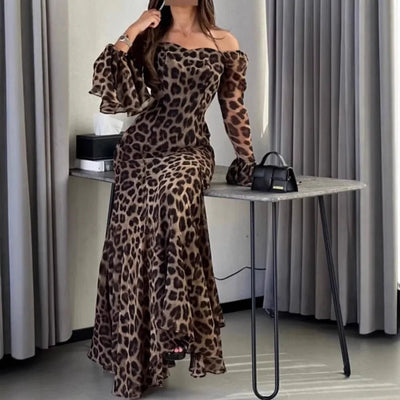 Women's New Autumn and Winter Fashion Leopard Print Sexy Off - the - shoulder One - line Neckline Long - sleeved Long Dress Vestidos - TheGlamTrend14:771Picture color;5:100014064Picture colorSWomen's New Autumn and Winter Fashion Leopard Print Sexy Off - the - shoulder One - line Neckline Long - sleeved Long Dress Vestidos