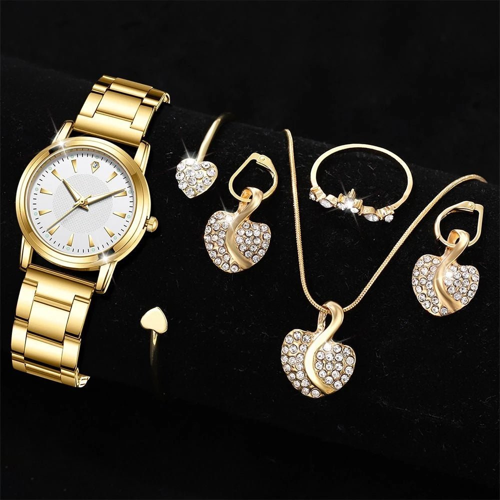 Women's Quartz Watch Gold Luxury Women Ring Necklace Earring Rhinestone Fashion Wristwatch Casual Ladies Watches Jewelry Set ﻿ - TheGlamTrend14:100013777Gold AGold AWomen's Quartz Watch Gold Luxury Women Ring Necklace Earring Rhinestone Fashion Wristwatch Casual Ladies Watches Jewelry Set ﻿