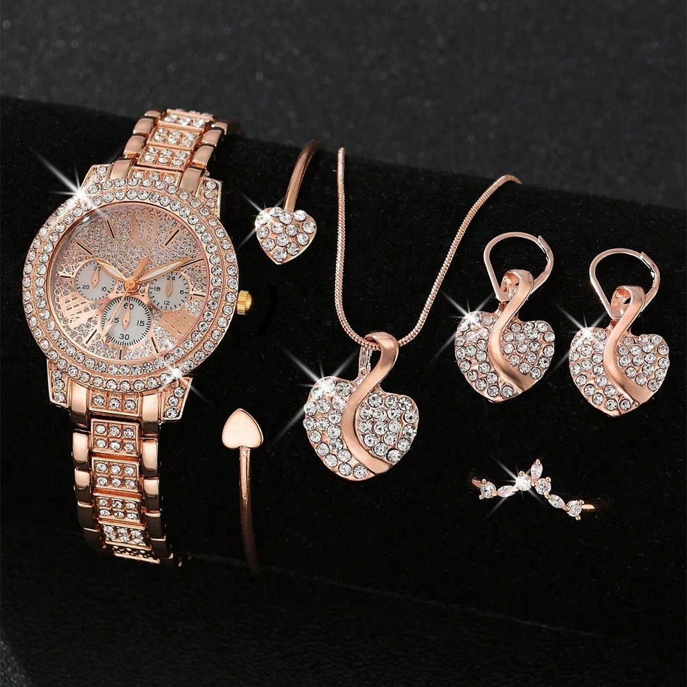 Women's Quartz Watch Gold Luxury Women Ring Necklace Earring Rhinestone Fashion Wristwatch Casual Ladies Watches Jewelry Set ﻿ - TheGlamTrend14:201447303RoseWomen's Quartz Watch Gold Luxury Women Ring Necklace Earring Rhinestone Fashion Wristwatch Casual Ladies Watches Jewelry Set ﻿