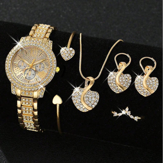 Women's Quartz Watch Gold Luxury Women Ring Necklace Earring Rhinestone Fashion Wristwatch Casual Ladies Watches Jewelry Set ﻿ - TheGlamTrend14:350850GoldWomen's Quartz Watch Gold Luxury Women Ring Necklace Earring Rhinestone Fashion Wristwatch Casual Ladies Watches Jewelry Set ﻿