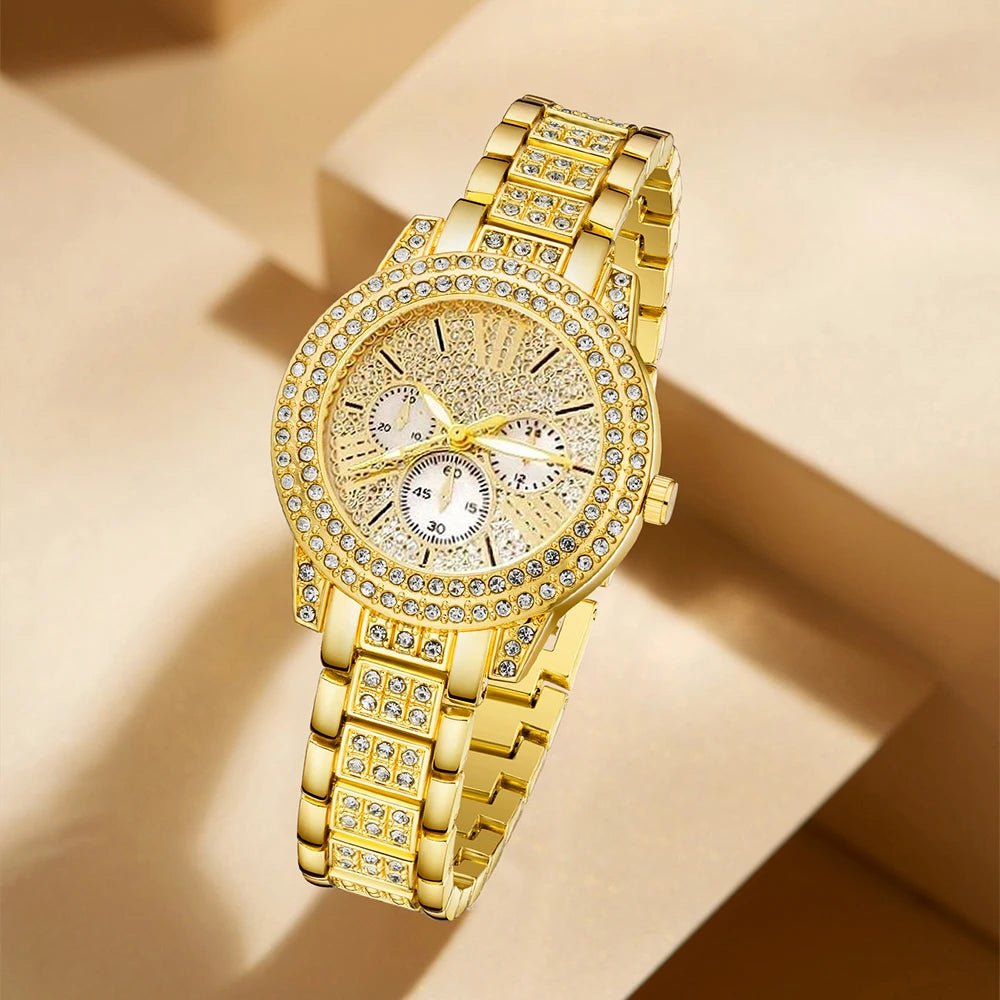 Women's Quartz Watch Gold Luxury Women Ring Necklace Earring Rhinestone Fashion Wristwatch Casual Ladies Watches Jewelry Set ﻿ - TheGlamTrend14:350850GoldWomen's Quartz Watch Gold Luxury Women Ring Necklace Earring Rhinestone Fashion Wristwatch Casual Ladies Watches Jewelry Set ﻿