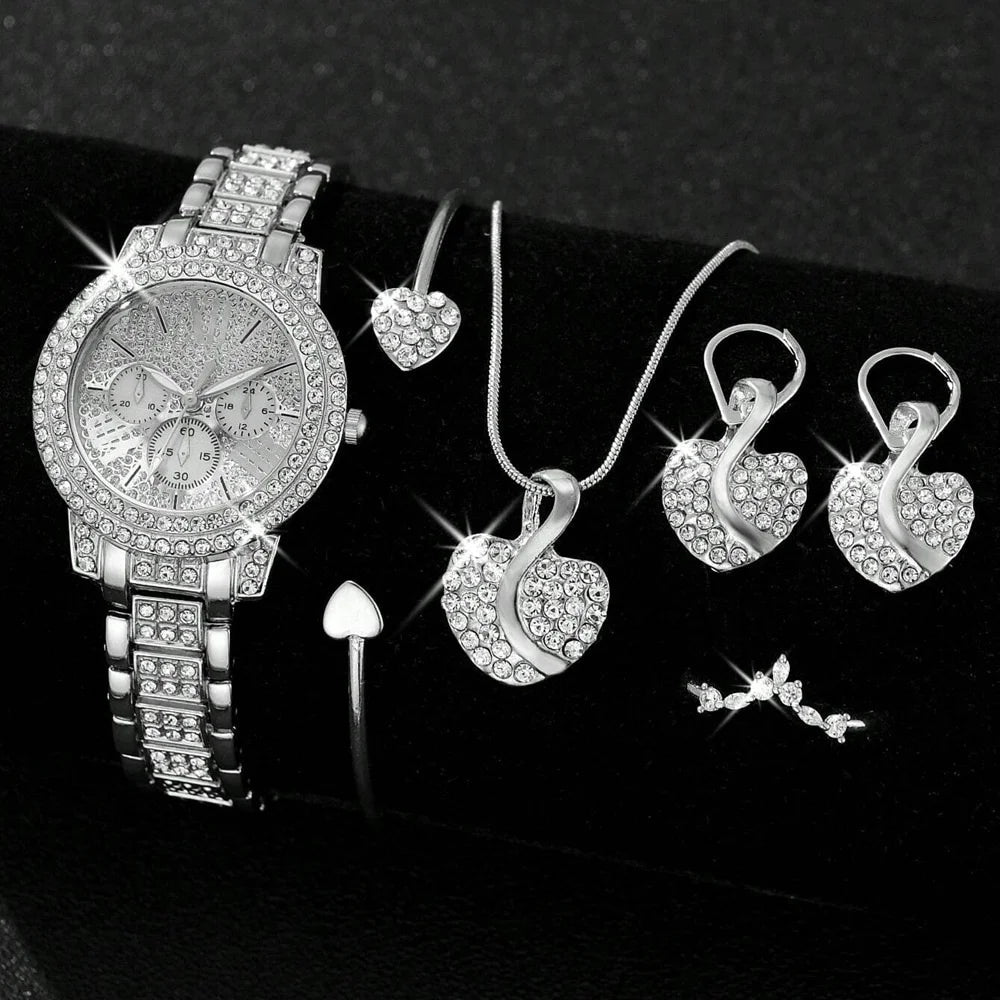 Women's Quartz Watch Gold Luxury Women Ring Necklace Earring Rhinestone Fashion Wristwatch Casual Ladies Watches Jewelry Set ﻿ - TheGlamTrend14:350853SilverWomen's Quartz Watch Gold Luxury Women Ring Necklace Earring Rhinestone Fashion Wristwatch Casual Ladies Watches Jewelry Set ﻿