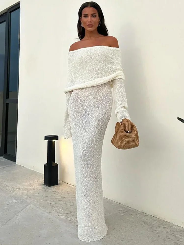 Y2k Hollow Out Strapless Knit Sexy Maxi Dress For Women Off - shoulder Backless Long Sleeve Beach Holiday Long Dress 2024 New - TheGlamTrend14:1254White;5:361386WhiteMY2k Hollow Out Strapless Knit Sexy Maxi Dress For Women Off - shoulder Backless Long Sleeve Beach Holiday Long Dress 2024 New