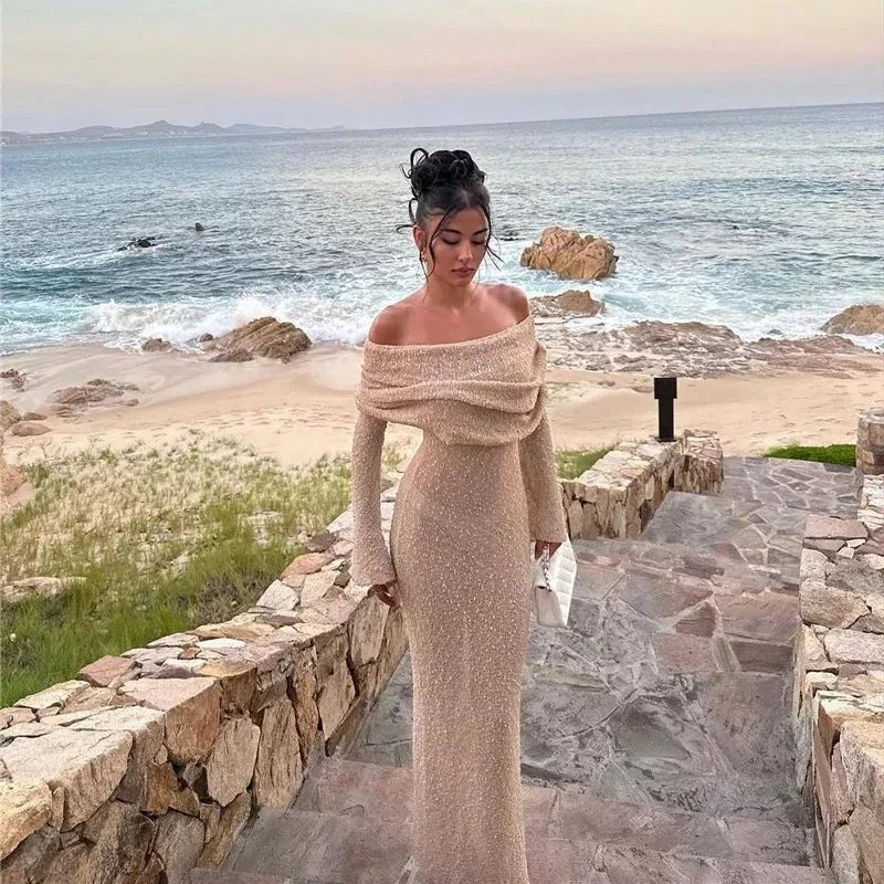 Y2k Hollow Out Strapless Knit Sexy Maxi Dress For Women Off - shoulder Backless Long Sleeve Beach Holiday Long Dress 2024 New - TheGlamTrend14:200001951;5:100014064ChampagneSY2k Hollow Out Strapless Knit Sexy Maxi Dress For Women Off - shoulder Backless Long Sleeve Beach Holiday Long Dress 2024 New
