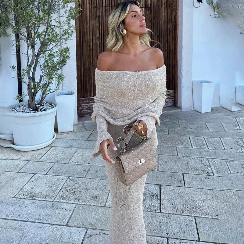 Y2k Hollow Out Strapless Knit Sexy Maxi Dress For Women Off - shoulder Backless Long Sleeve Beach Holiday Long Dress 2024 New - TheGlamTrend14:200001951;5:100014064ChampagneSY2k Hollow Out Strapless Knit Sexy Maxi Dress For Women Off - shoulder Backless Long Sleeve Beach Holiday Long Dress 2024 New