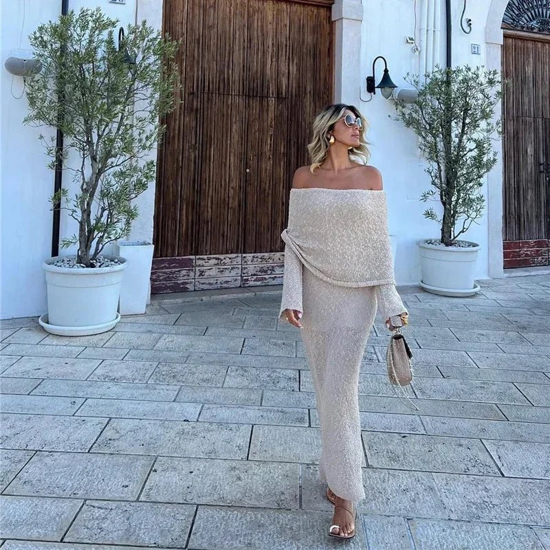 Y2k Hollow Out Strapless Knit Sexy Maxi Dress For Women Off - shoulder Backless Long Sleeve Beach Holiday Long Dress 2024 New - TheGlamTrend14:200001951;5:100014064ChampagneSY2k Hollow Out Strapless Knit Sexy Maxi Dress For Women Off - shoulder Backless Long Sleeve Beach Holiday Long Dress 2024 New